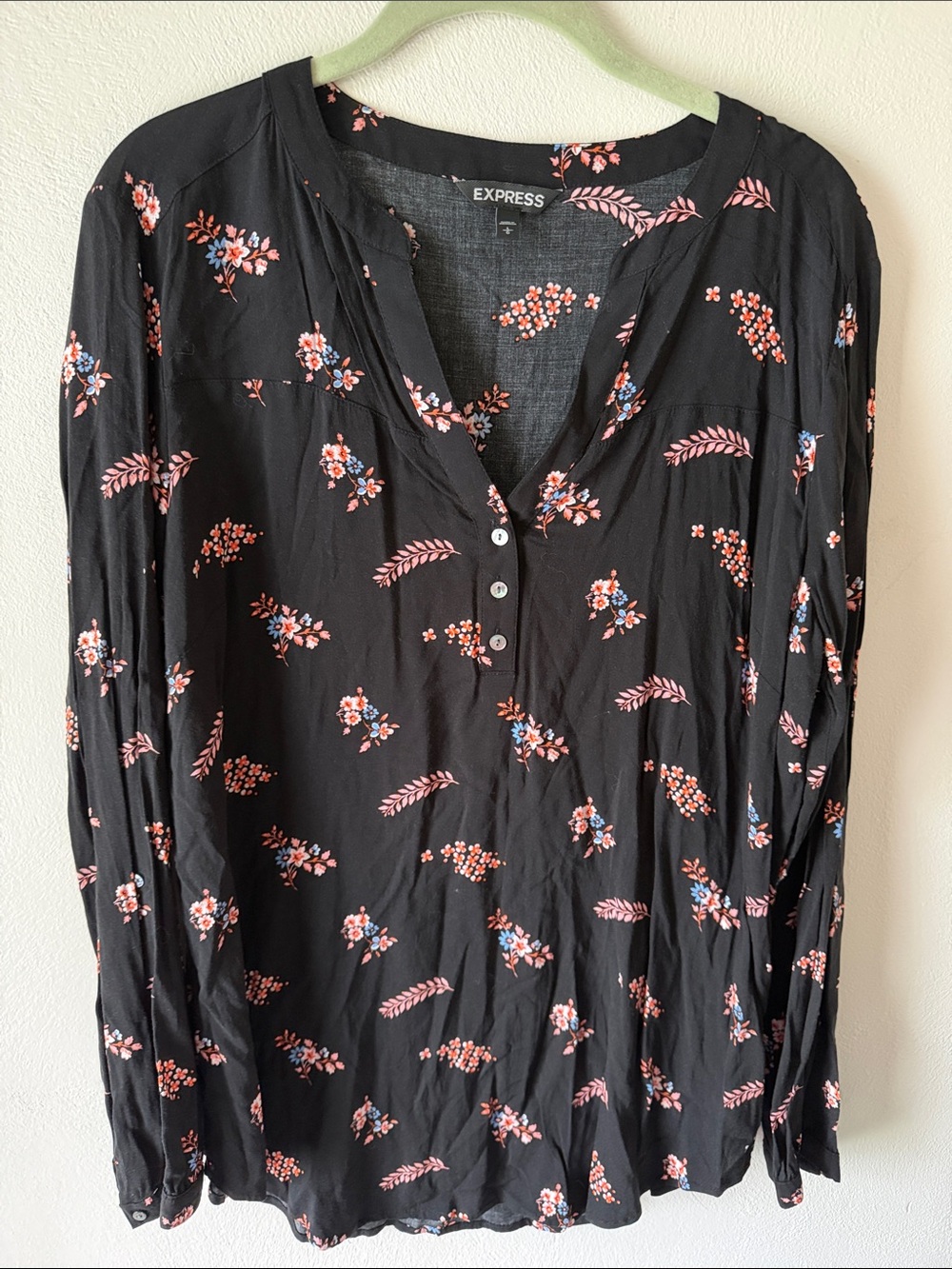 Express Black Floral Henley Tunic with Pink & Blue Accents